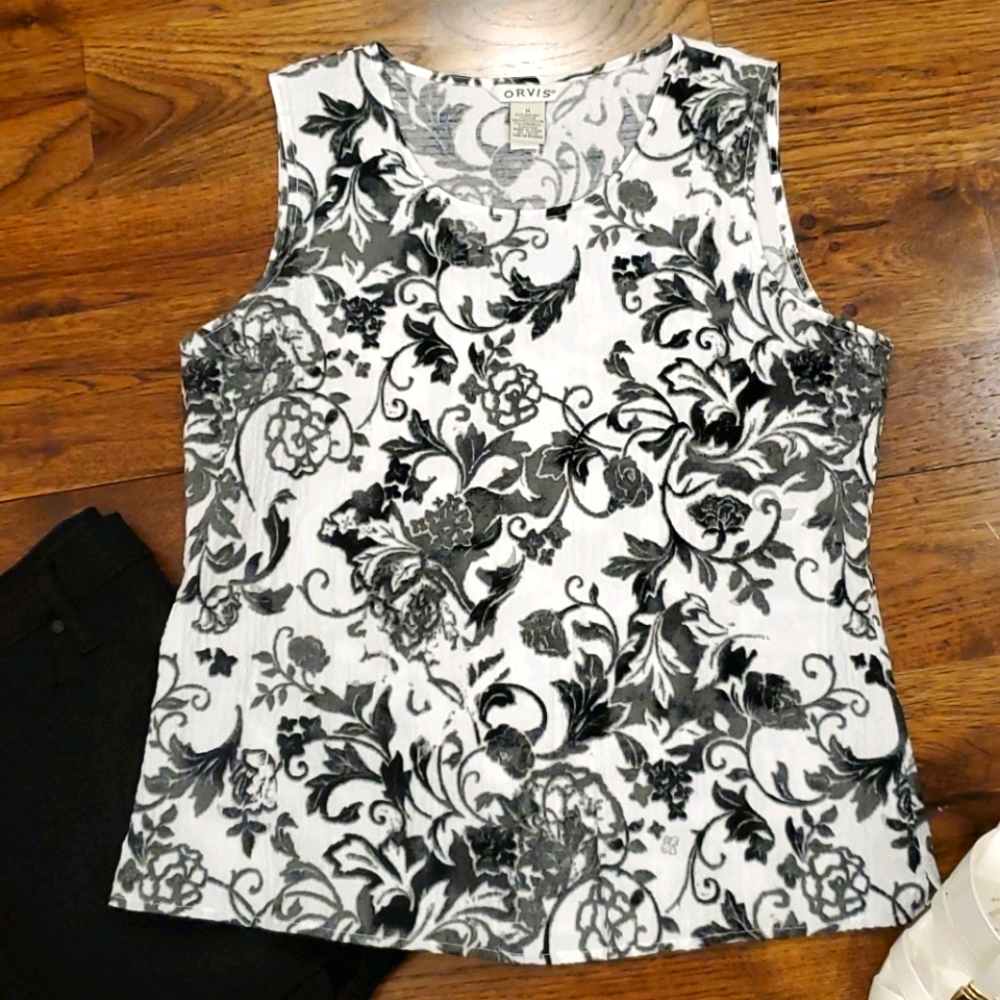 Orvis womens black & white floral tank top size M